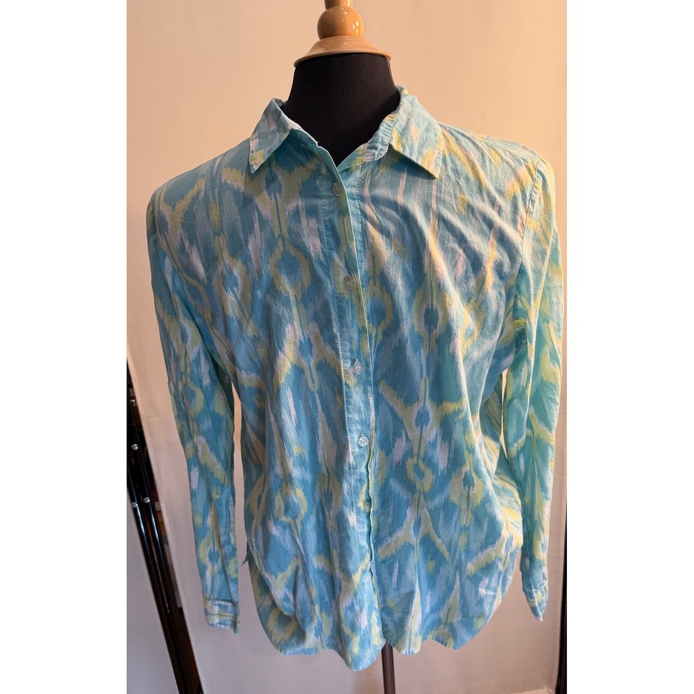 Appleseeds Women's XL Blue Green Ikat Cotton Button Down Shirt Blouse Top